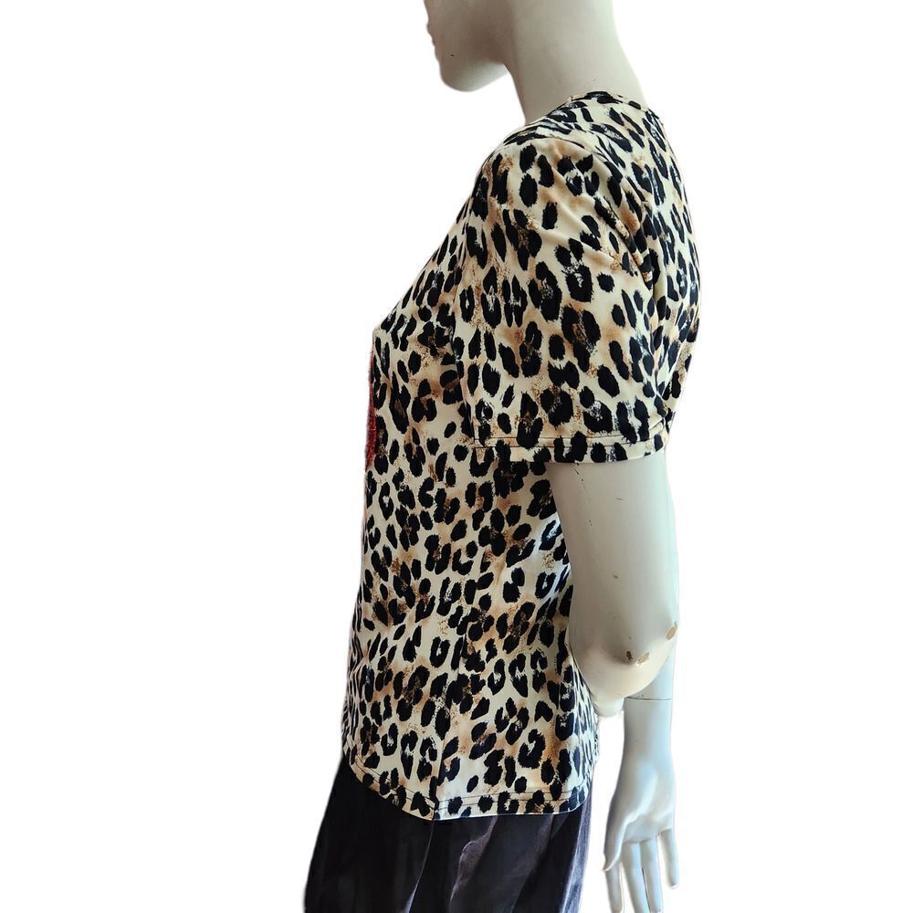 Shein Pullover Top Women's Animal Print Tan Black Sequin Lips - Picture 4 of 8